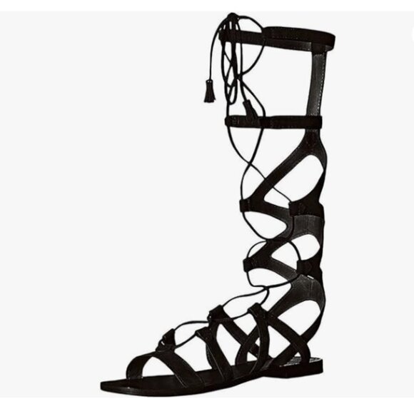 YDN Black Sexy Knee High Lace up Fringe Low Heel Gladiator Strap Sandals - Picture 1 of 8